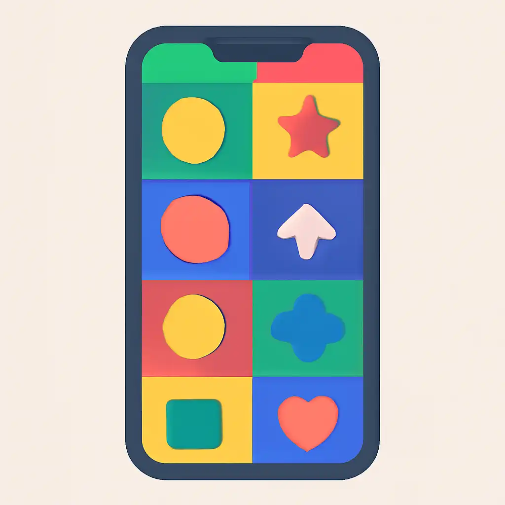 Smartphone shown from the front displaying a colourful flat layout of abstract game icons and rounded tiles, Why Leak