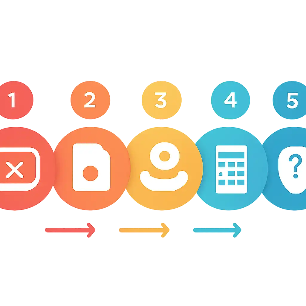 Five numbered circular icons connected by arrows in a horizontal flow, Why Leak Numbers and Paid Guessing Cannot Work steps