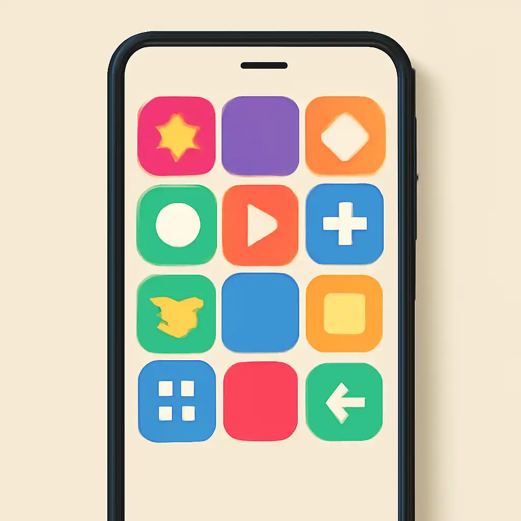 Smartphone shown from the front displaying a colourful flat layout of abstract game icons and rounded tiles, How the Gali