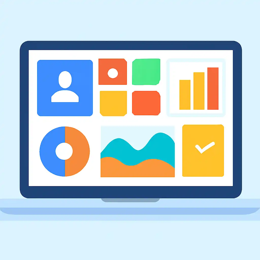 Laptop shown from the front displaying a colourful flat dashboard of abstract charts, bars and icon tiles, How the Gali