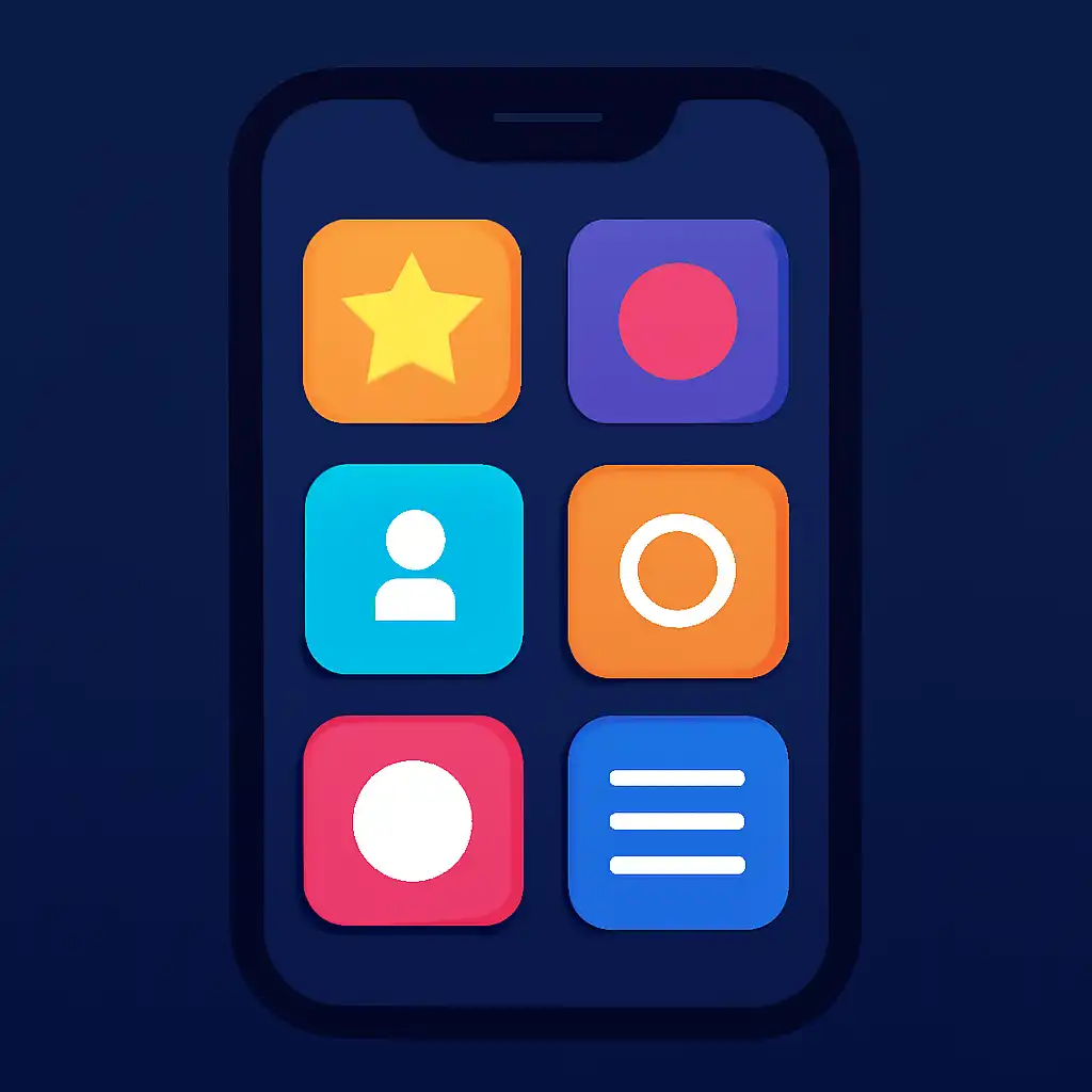 Smartphone shown from the front displaying a colourful flat layout of abstract game icons and rounded tiles, Gali draw