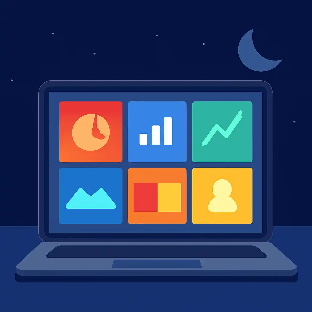 Laptop shown from the front displaying a colourful flat dashboard of abstract charts, bars and icon tiles, Gali draw timing