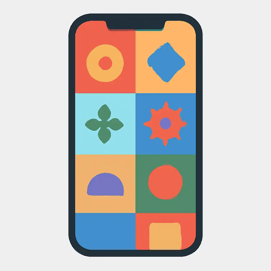 Smartphone shown from the front displaying a colourful flat layout of abstract game icons and rounded tiles, Reading the