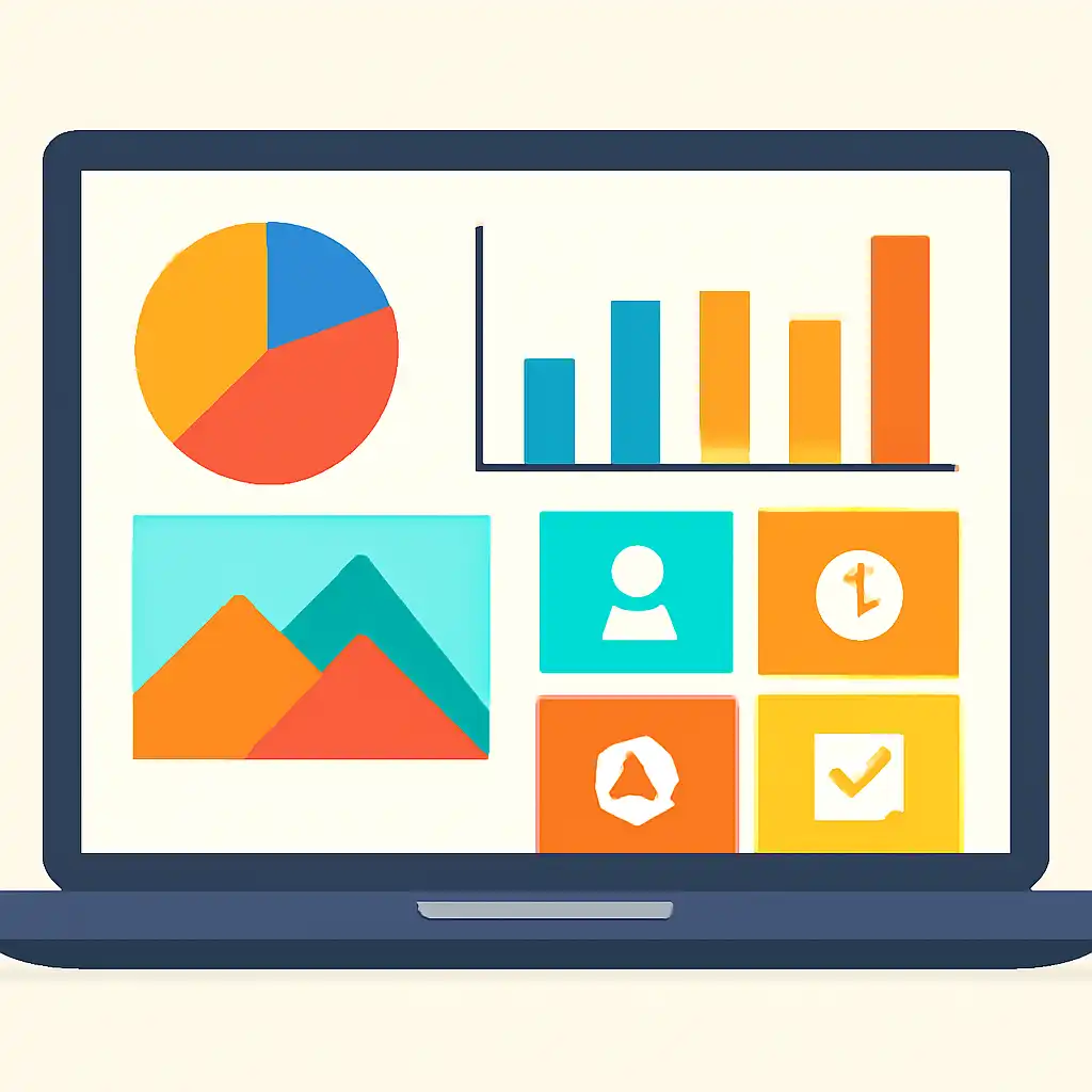 Laptop shown from the front displaying a colourful flat dashboard of abstract charts, bars and icon tiles, Reading the Gali
