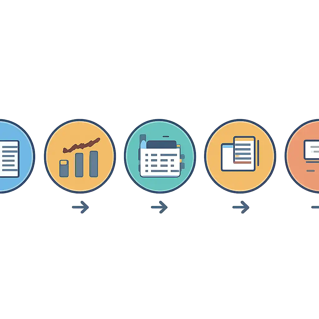 Five numbered circular icons connected by arrows in a horizontal flow, Reading the Gali Monthly Chart and Old Records steps
