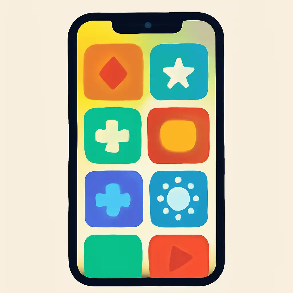Smartphone shown from the front displaying a colourful flat layout of abstract game icons and rounded tiles, Gali Compared