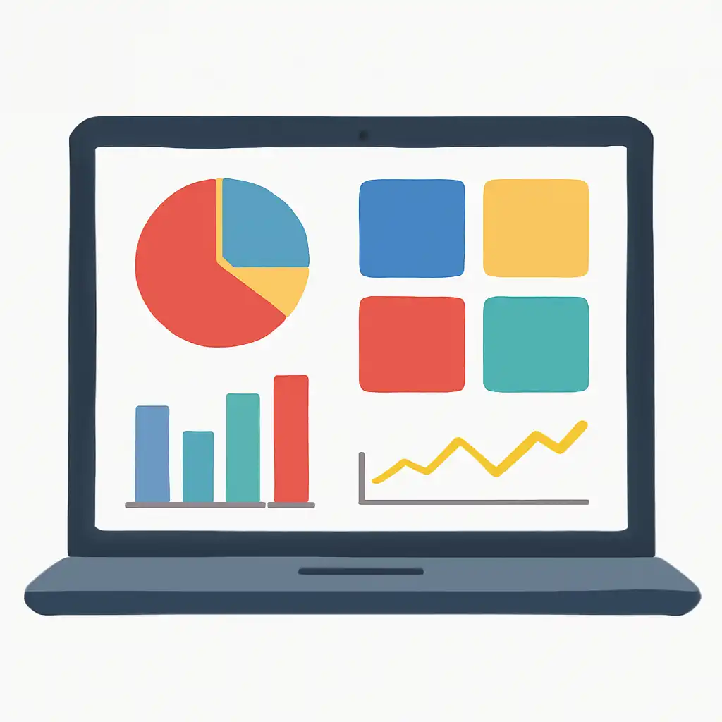 Laptop shown from the front displaying a colourful flat dashboard of abstract charts, bars and icon tiles, Gali Compared